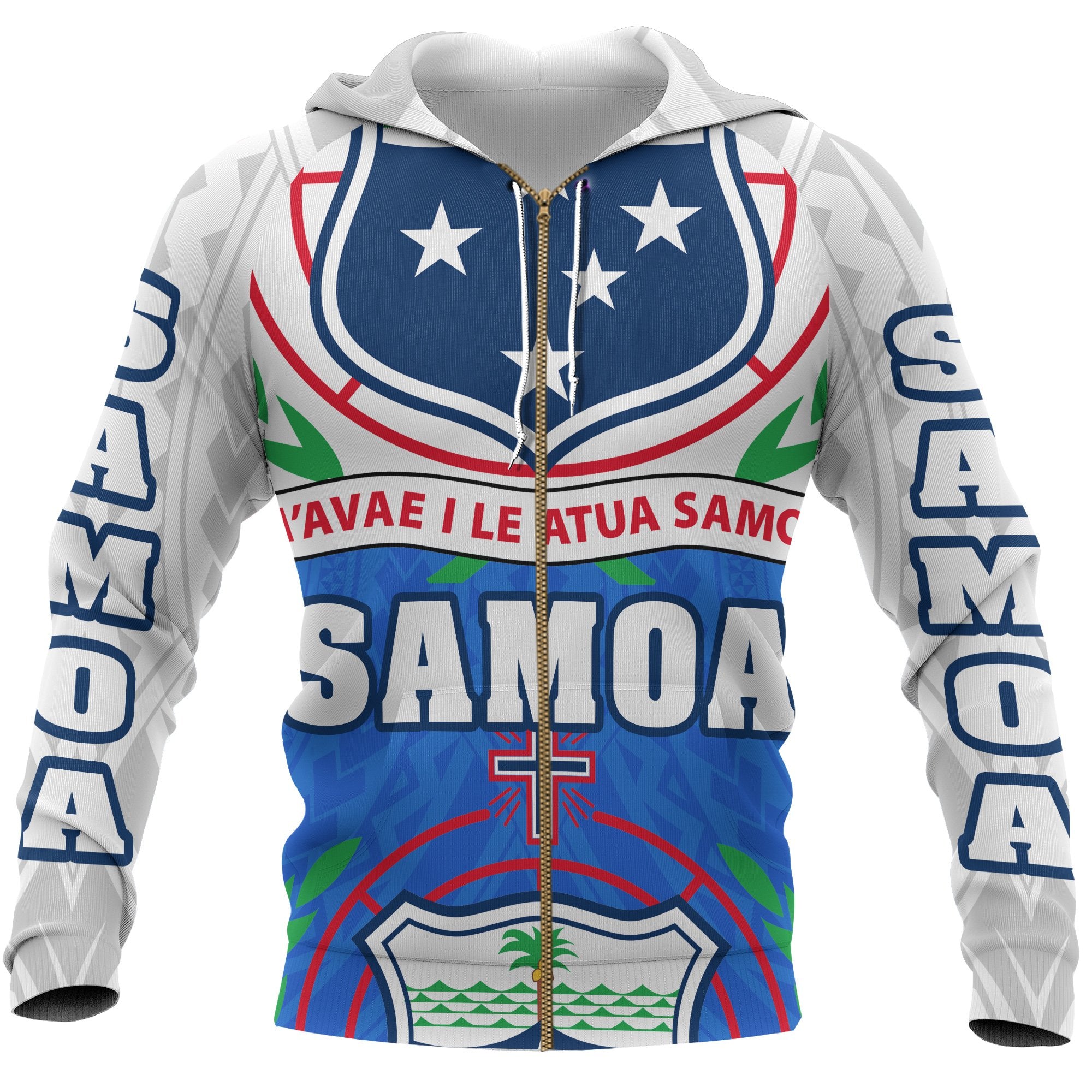 Samoa All Over Full Zip Hoodie Coat of Arm Unisex Blue & White - Polynesian Pride