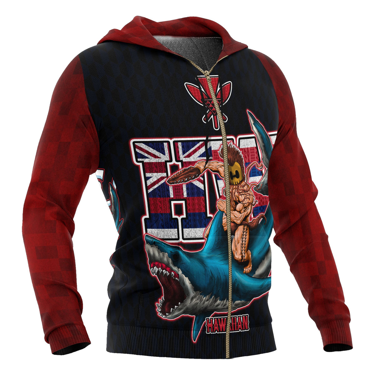 Polynesian Hawaii All Over Zip up Hoodie Shark Warrior - Polynesian Pride