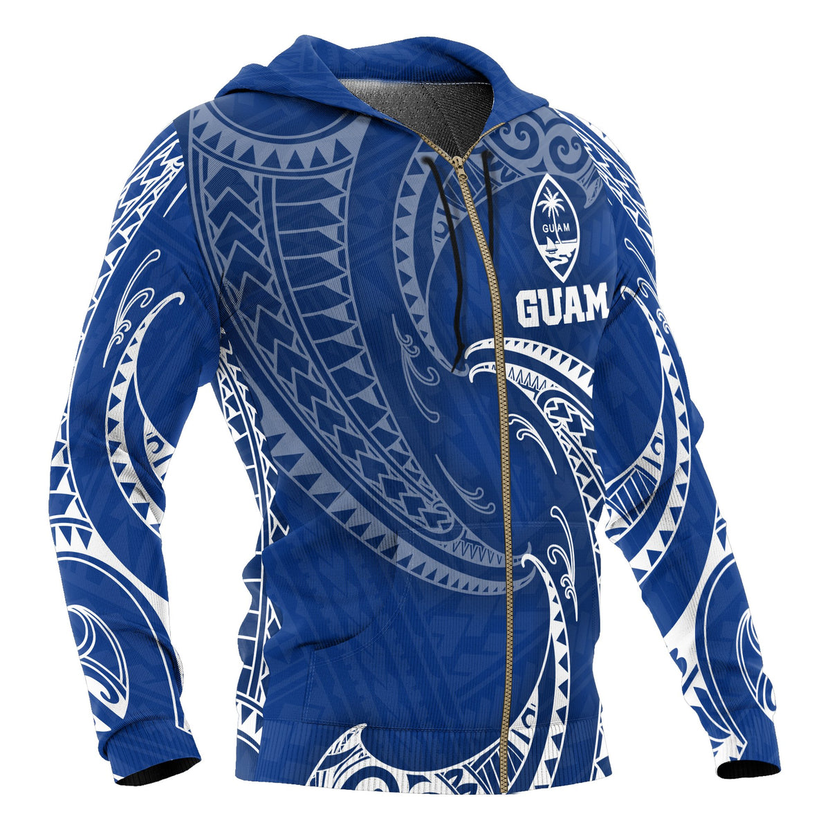 Guam Polynesian Zip up Hoodie Blue Tribal Wave - Polynesian Pride