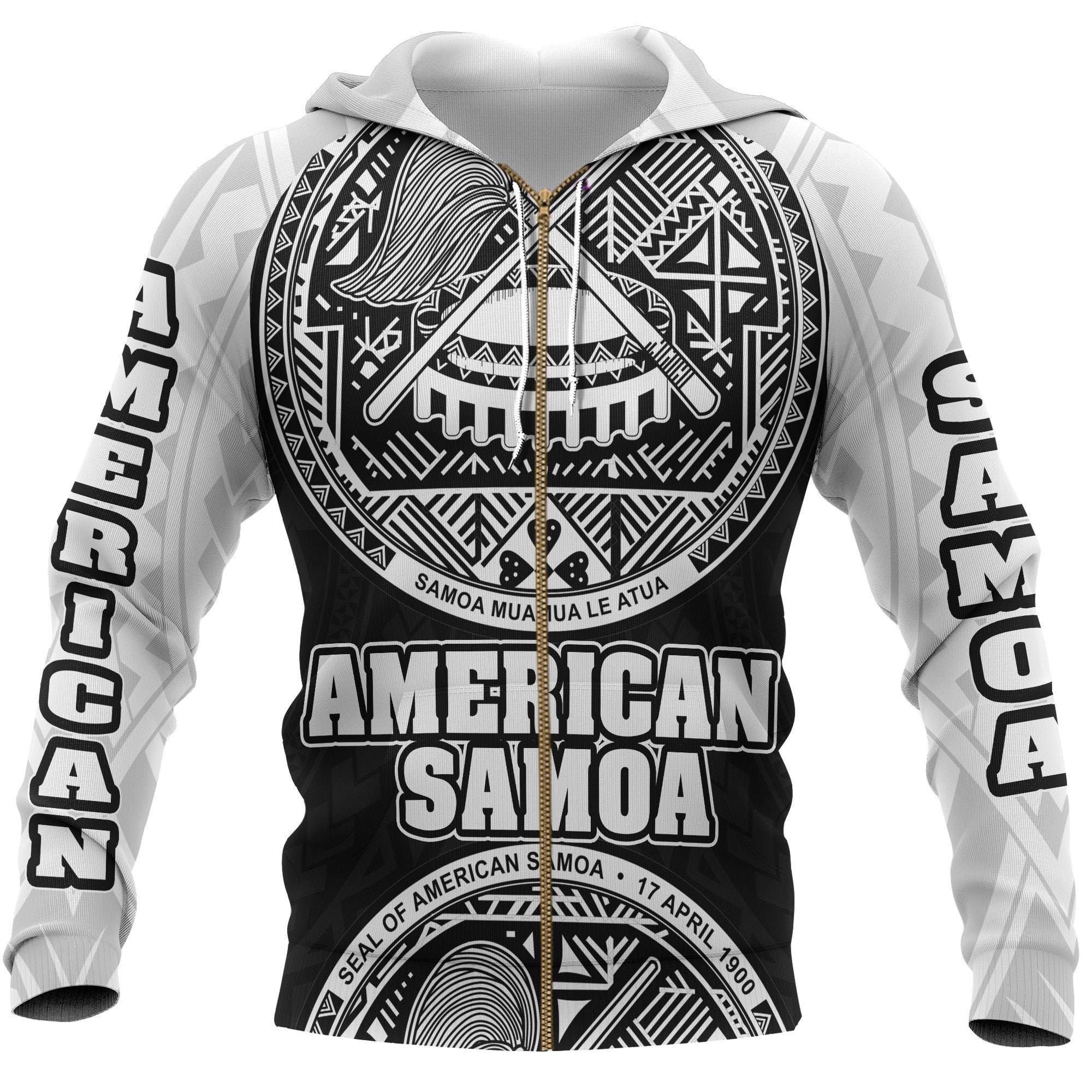 American Samoa All Over Zip Hoodie Coat of Arm Unisex Black - Polynesian Pride