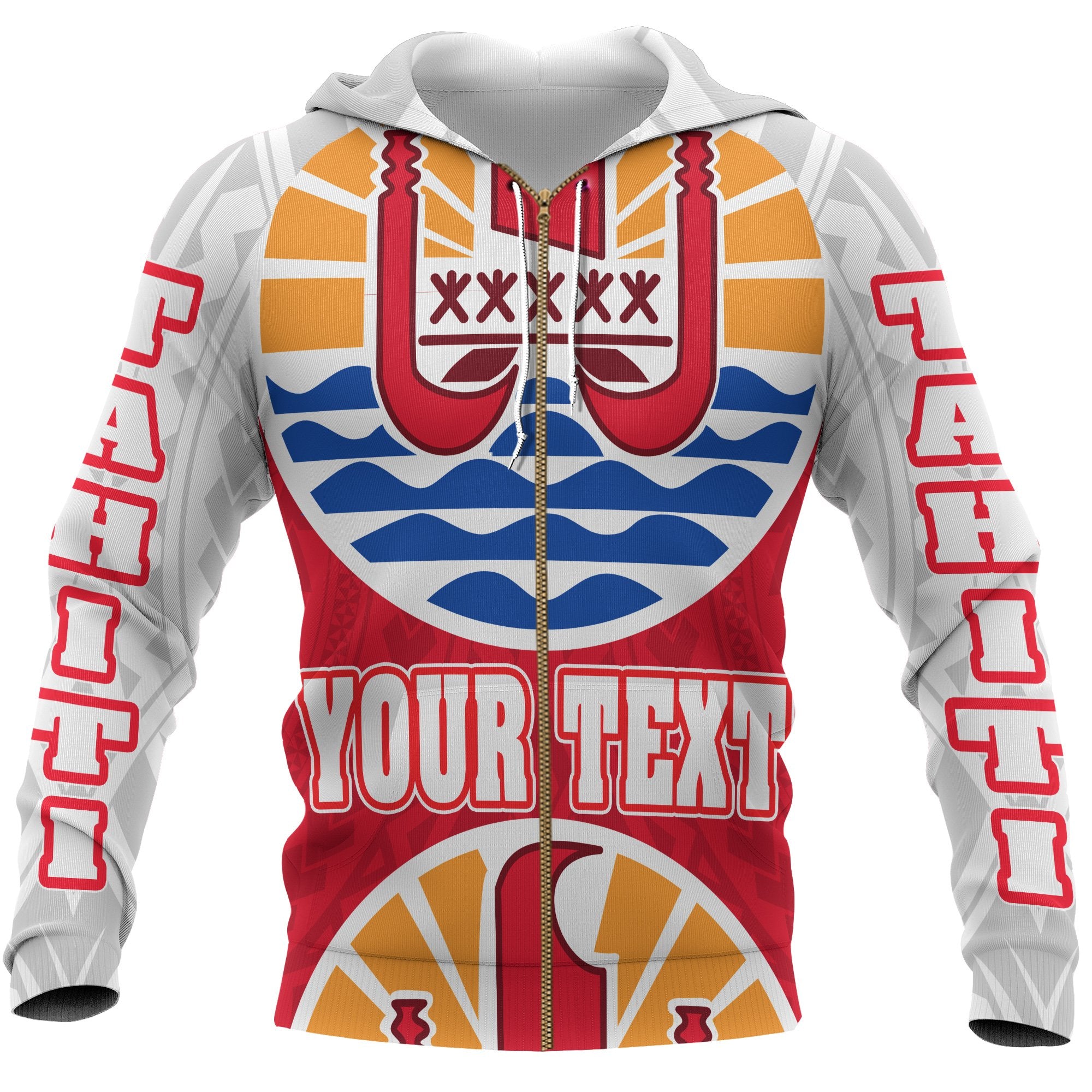 Tahiti All Over Custom Zip Hoodie Coat of Arm Unisex Red - Polynesian Pride