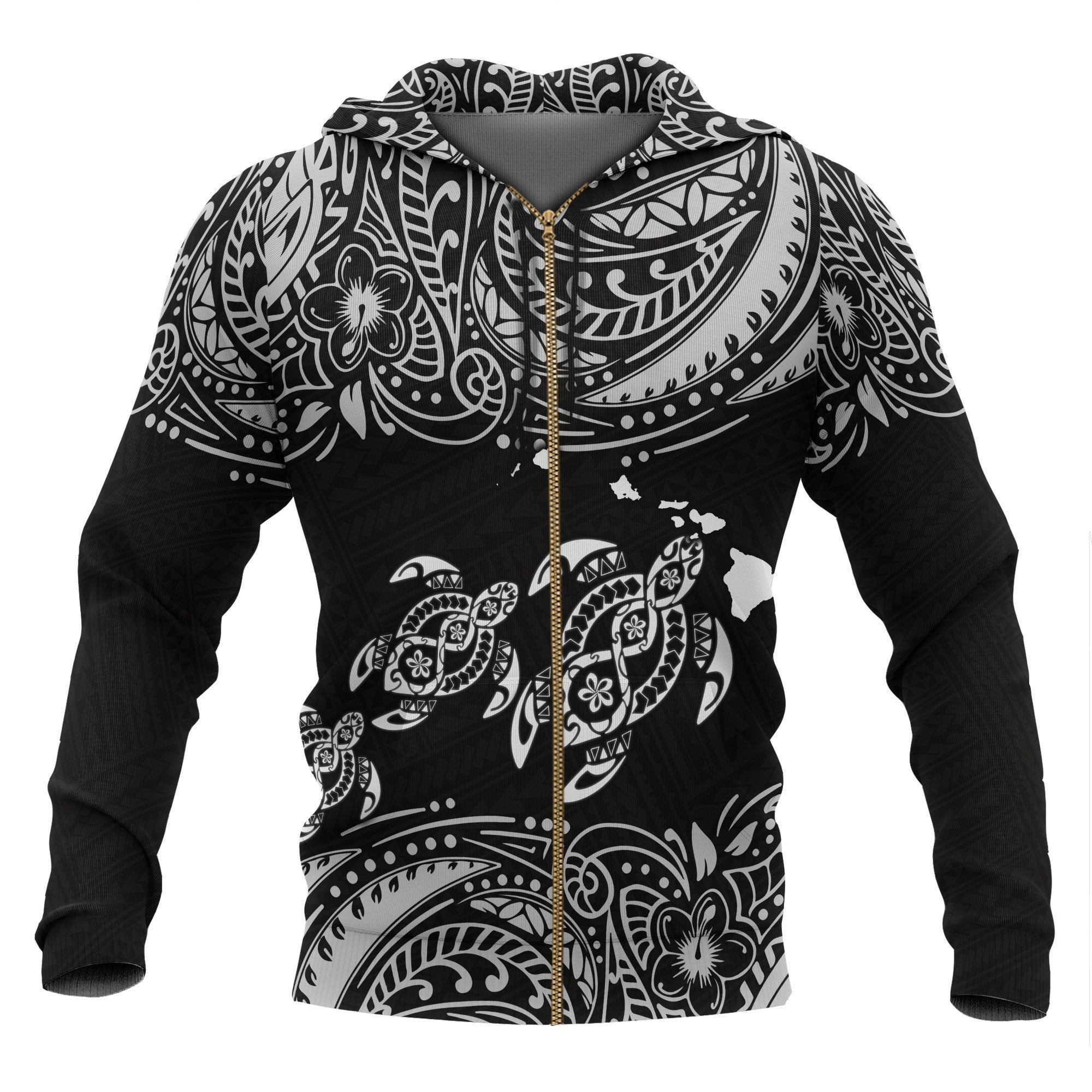 Hawaii Polynesian All Over Zip up Hoodie White Sea Turtle Unisex Black - White - Polynesian Pride