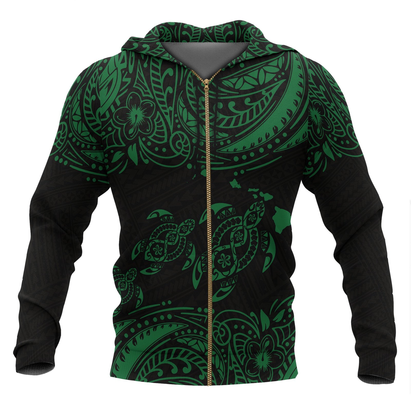Hawaii Polynesian All Over Zip up Hoodie Green Sea Turtle Unisex Black - Green - Polynesian Pride