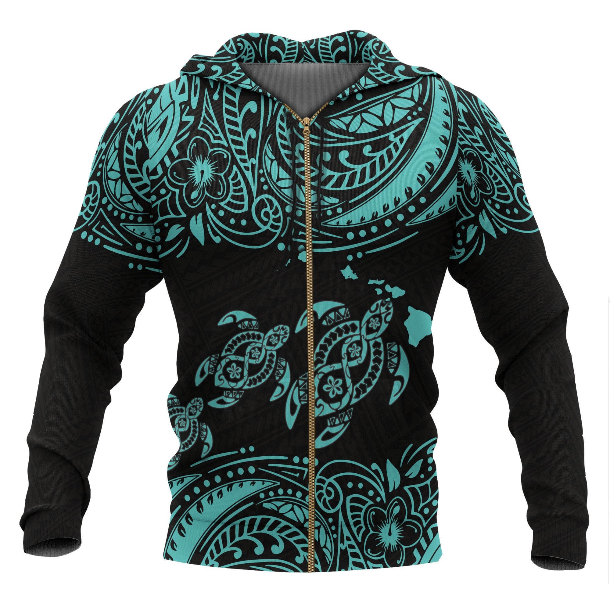 Hawaii Polynesian All Over Zip up Hoodie Blue Sea Turtle Unisex Black - Blue - Polynesian Pride