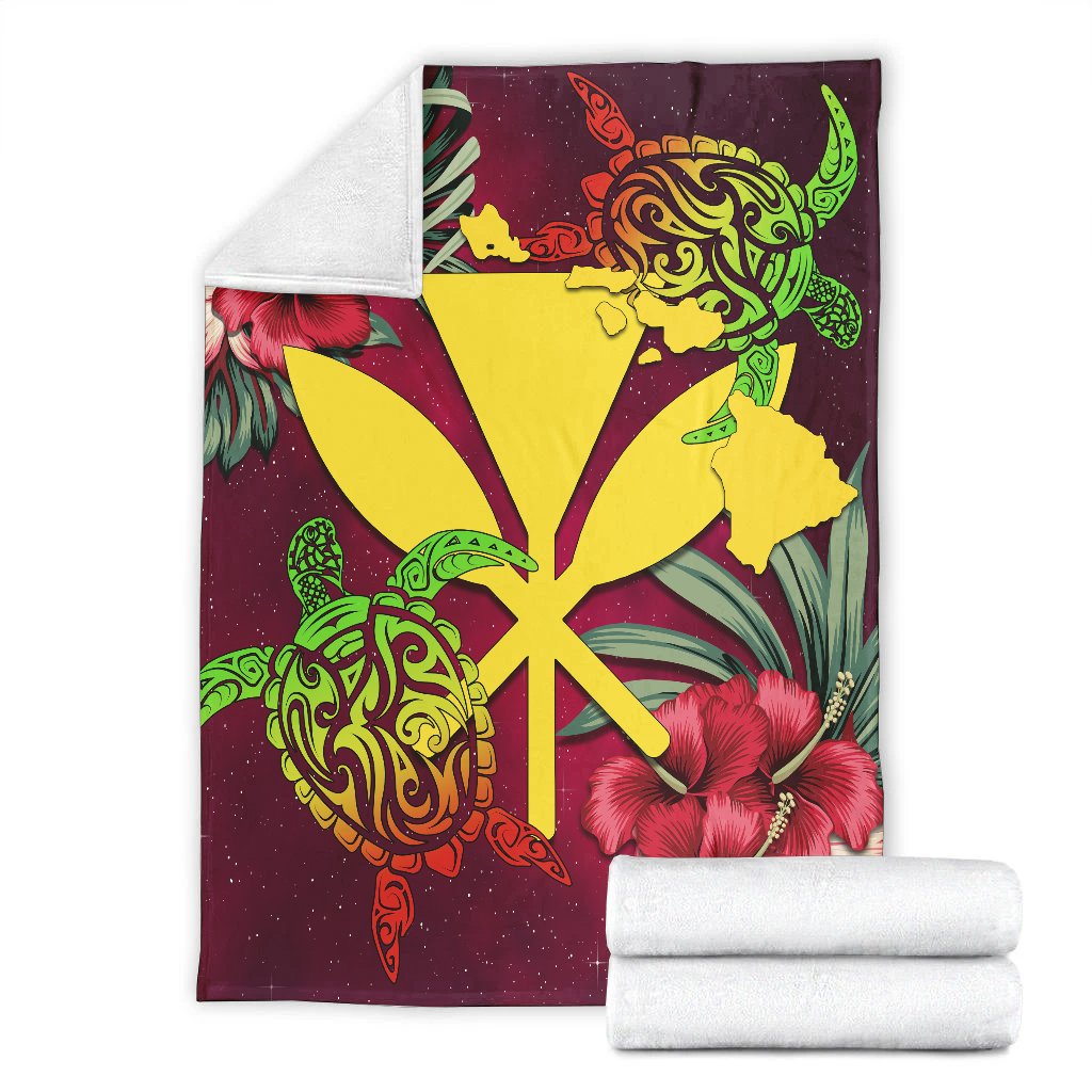 Kanaka Map Turtle Hibiscus Premium Blanket - Red Velvet - AH White - Polynesian Pride