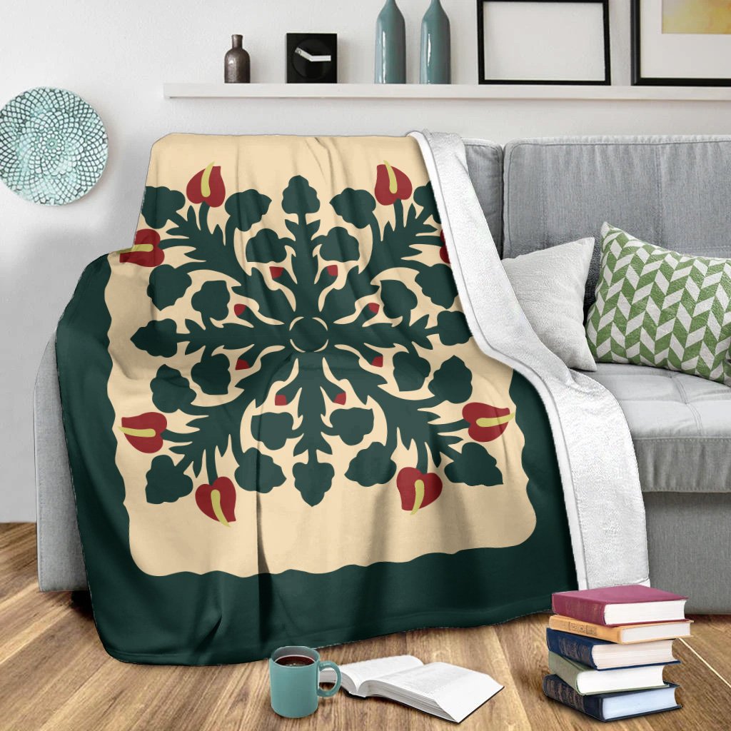 Hawaiian Quilt Anthurium Flowers Premium Blanket - AH White - Polynesian Pride