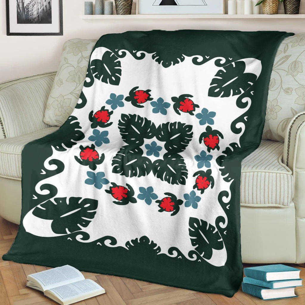 Hawaiian Quilt Monstera Leaves And Turtle Premium Blanket - AH White - Polynesian Pride