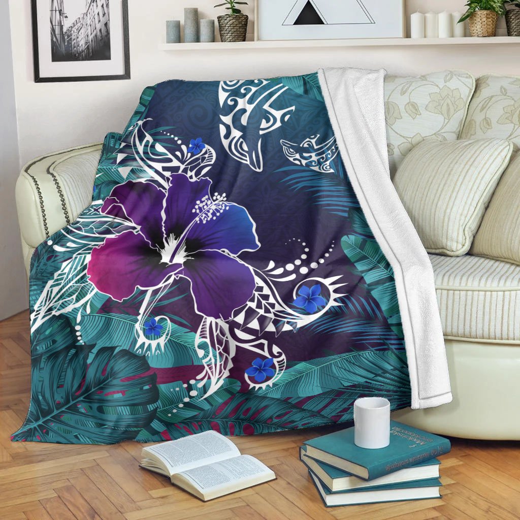 Hawaii Dophin Flowers And Palms Retro Premium Blanket - AH White - Polynesian Pride