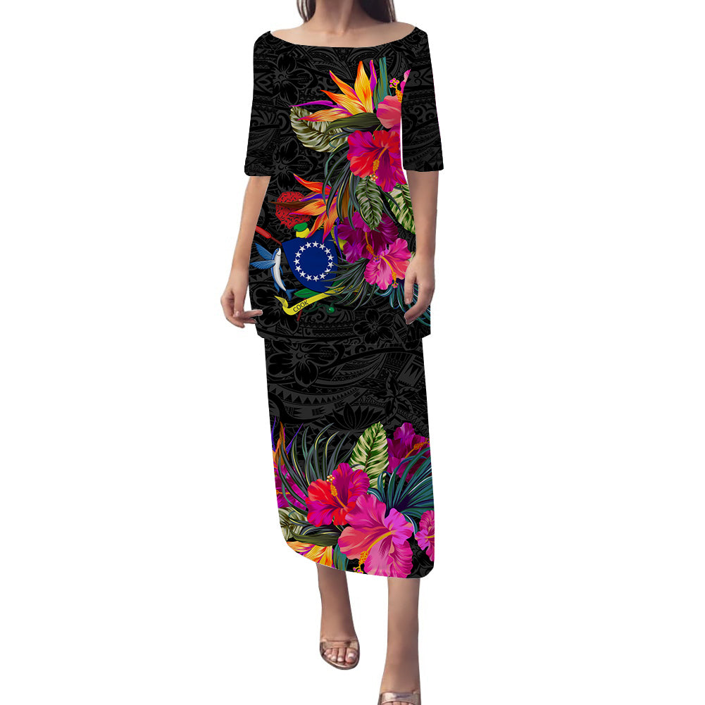 Cook Islands Hibiscus Polynesian Tribal Puletasi Dress - LT12 Long Dress Black - Polynesian Pride