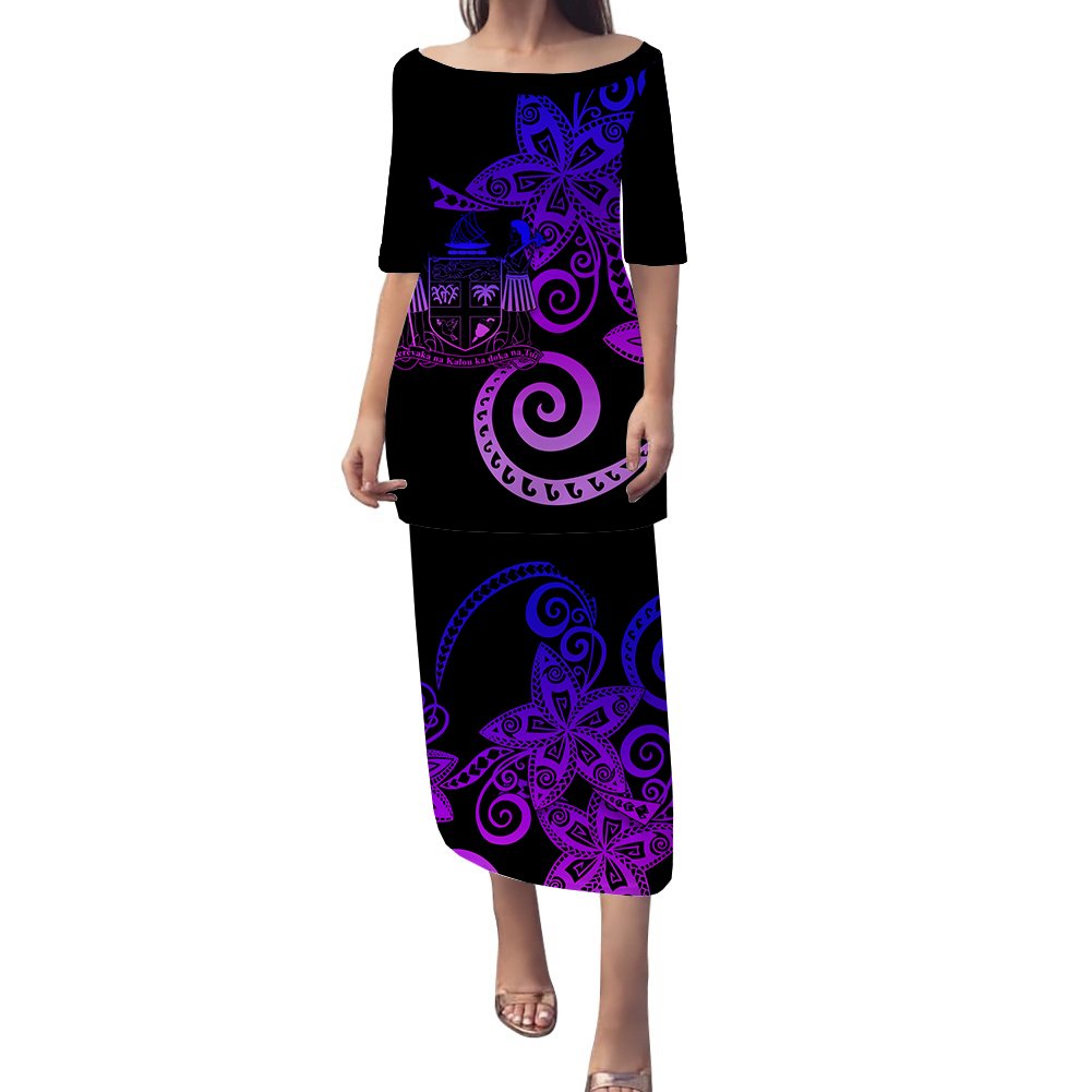 Fiji Plumeria Polynesian Tribal Puletasi Dress - LT12 Long Dress Black - Polynesian Pride