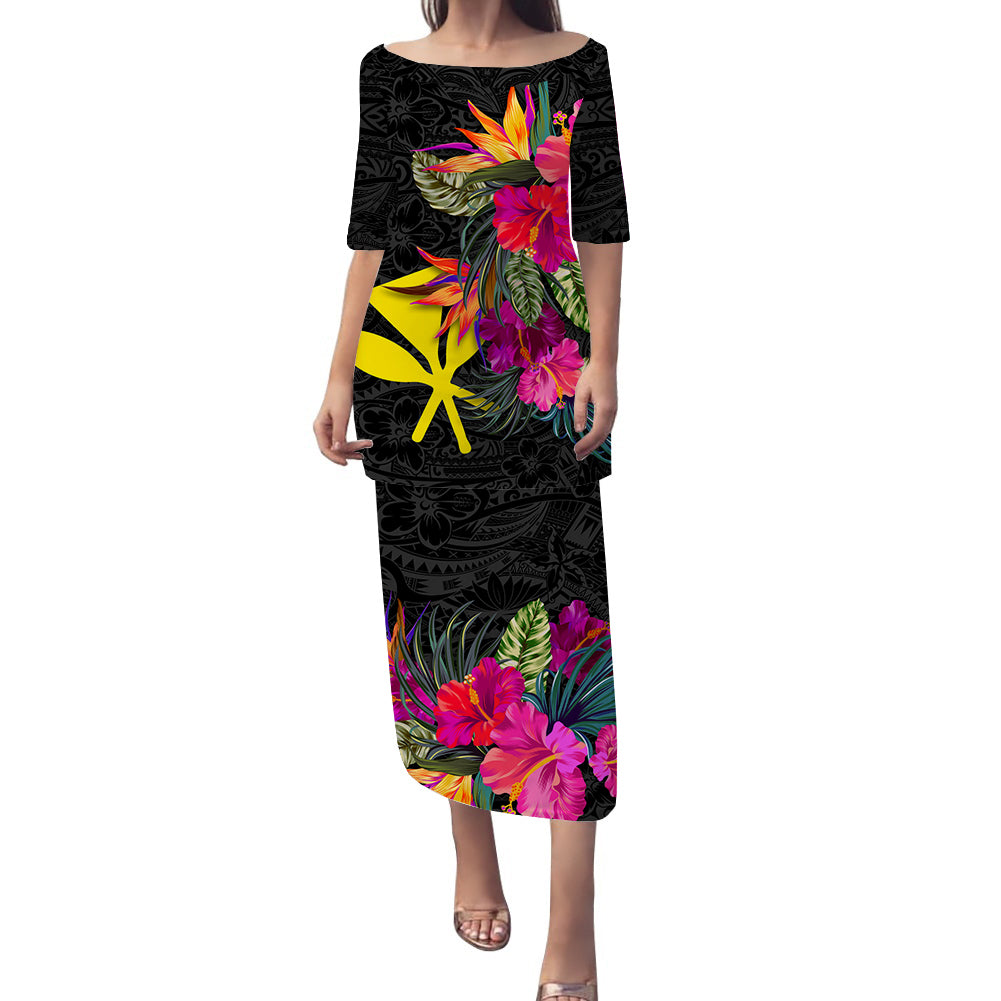 Hawaii Kanaka Maoli Hibiscus Polynesian Tribal Puletasi Dress - LT12 Long Dress Black - Polynesian Pride