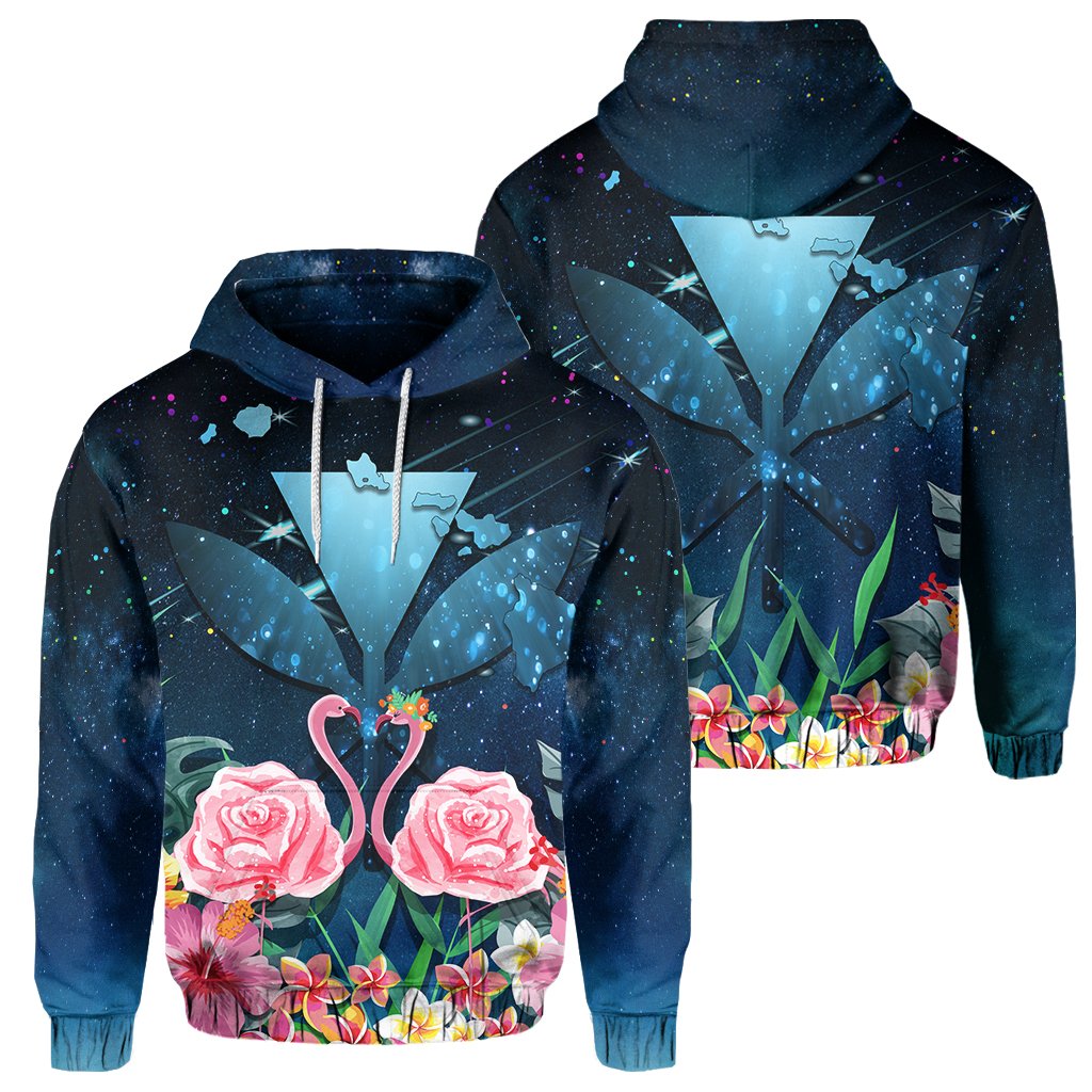 Kanaka Flamingo Couple Rose Hibiscus Plumeria Hoodie Love Universe Unisex Galaxy - Polynesian Pride