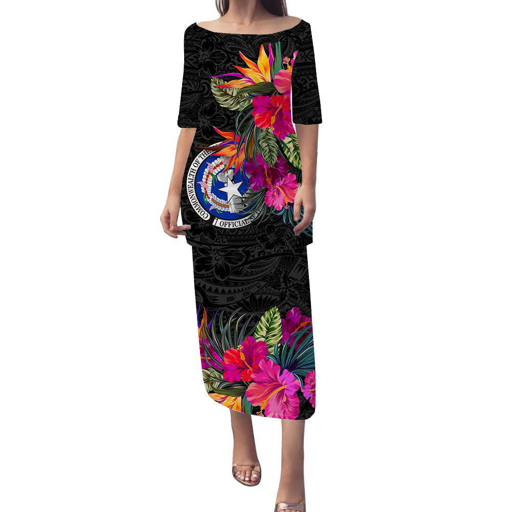 Northern Mariana Islands Hibiscus Polynesian Tribal Puletasi Dress - LT12 Long Dress Black - Polynesian Pride