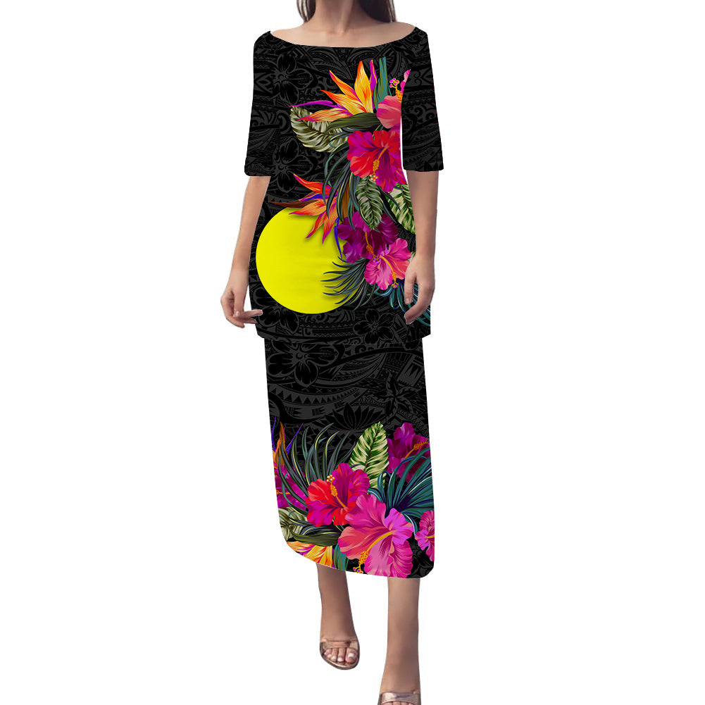 Palau Hibiscus Polynesian Tribal Puletasi Dress - LT12 Long Dress Black - Polynesian Pride