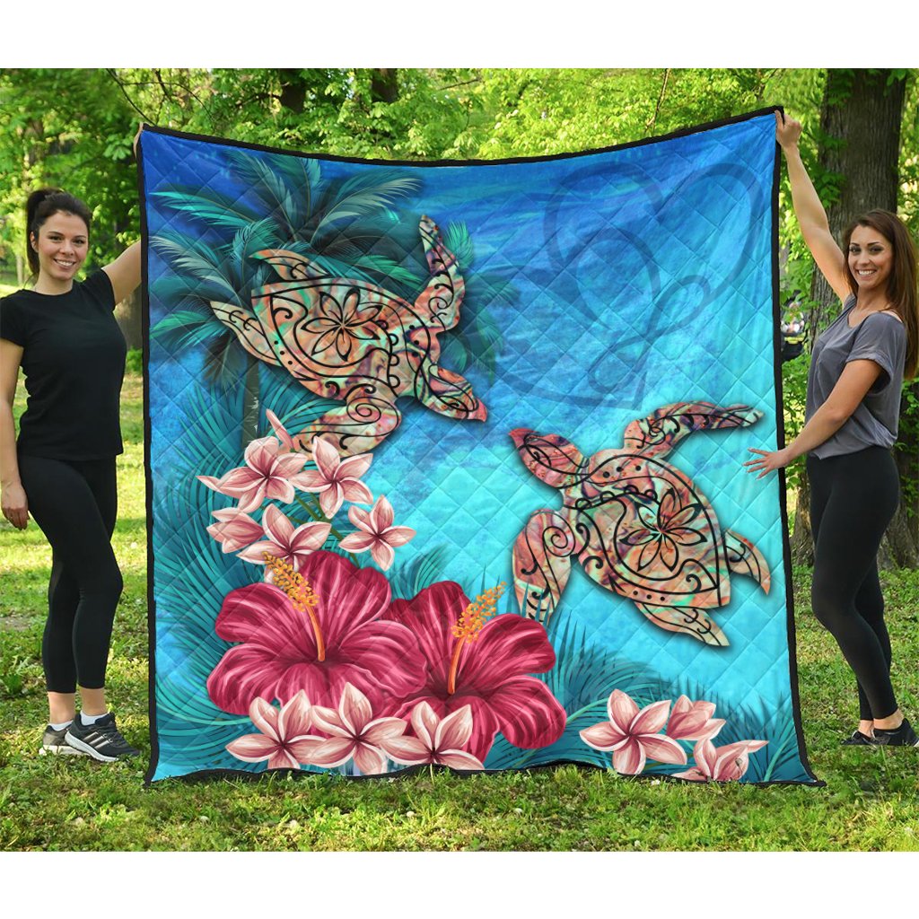 Hawaii Turtle Hibiscus Sea Premium Quilt - Ocean Of Love - AH Blue - Polynesian Pride