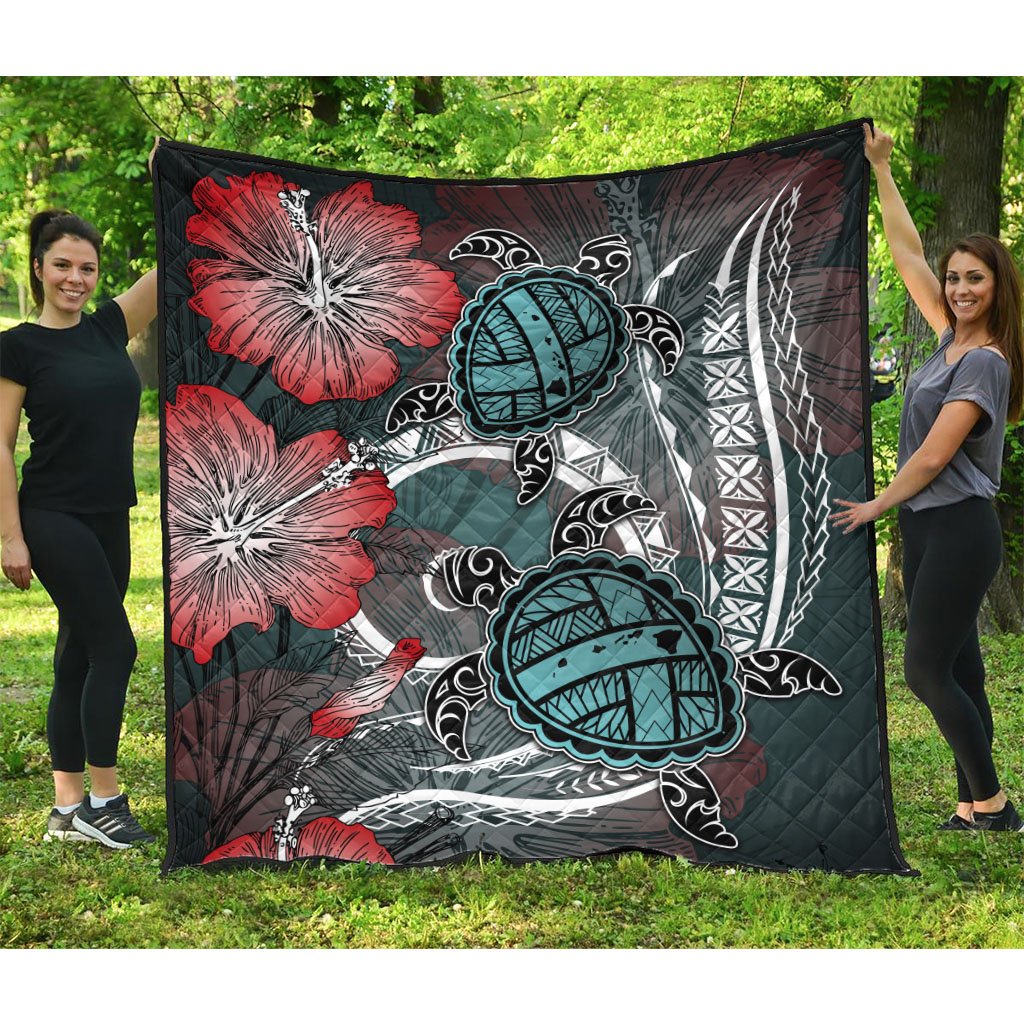 Hawaii Turtle Map Hibiscus Polynesian Premium Quilt - AH Blue - Polynesian Pride