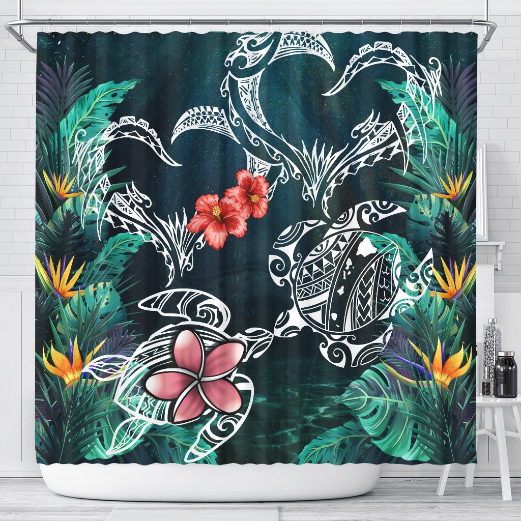 Hawaii Turtle Tropical Shower Curtain - Heart Polynesian - AH 177 x 172 (cm) Blue - Polynesian Pride