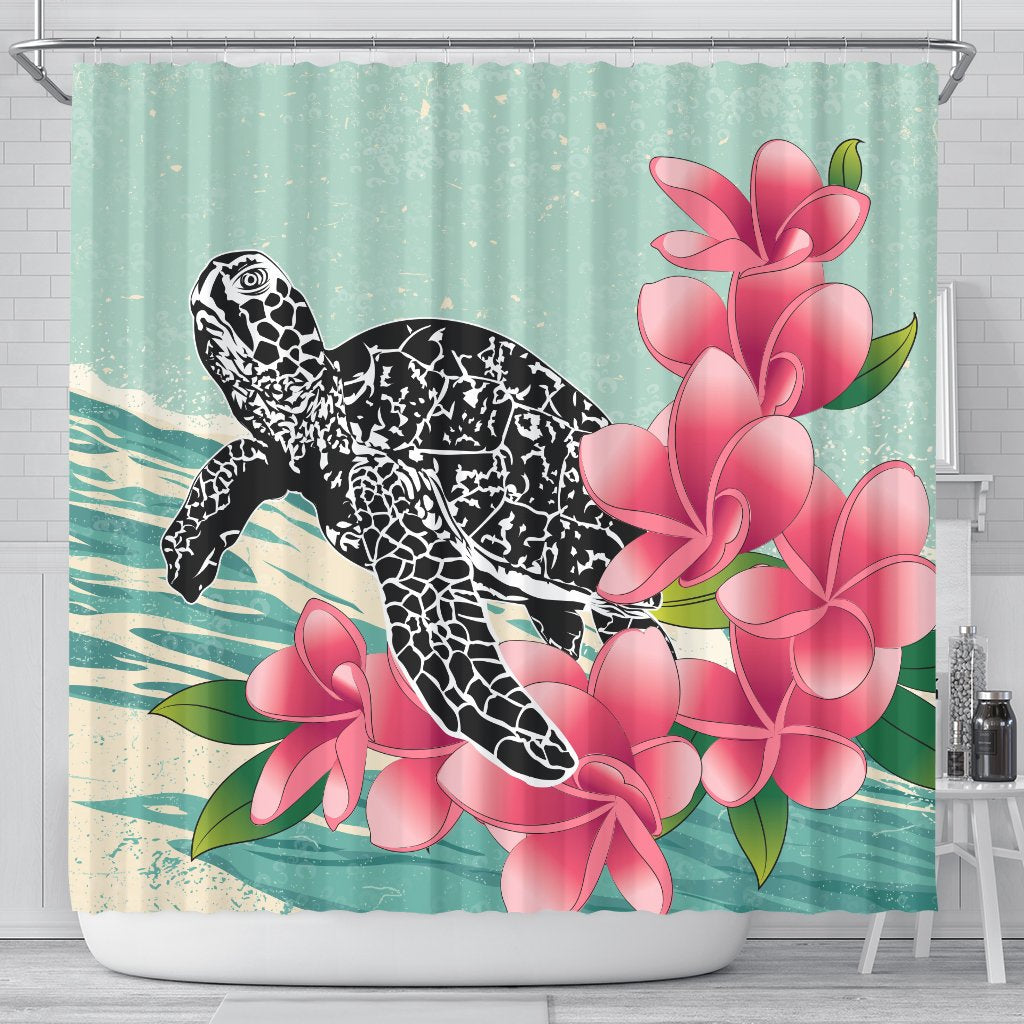 hawaiiShower Curtain - Hawaii Turtles With Plumeria Classic Shower Curtain 177 x 172 (cm) Blue - Polynesian Pride