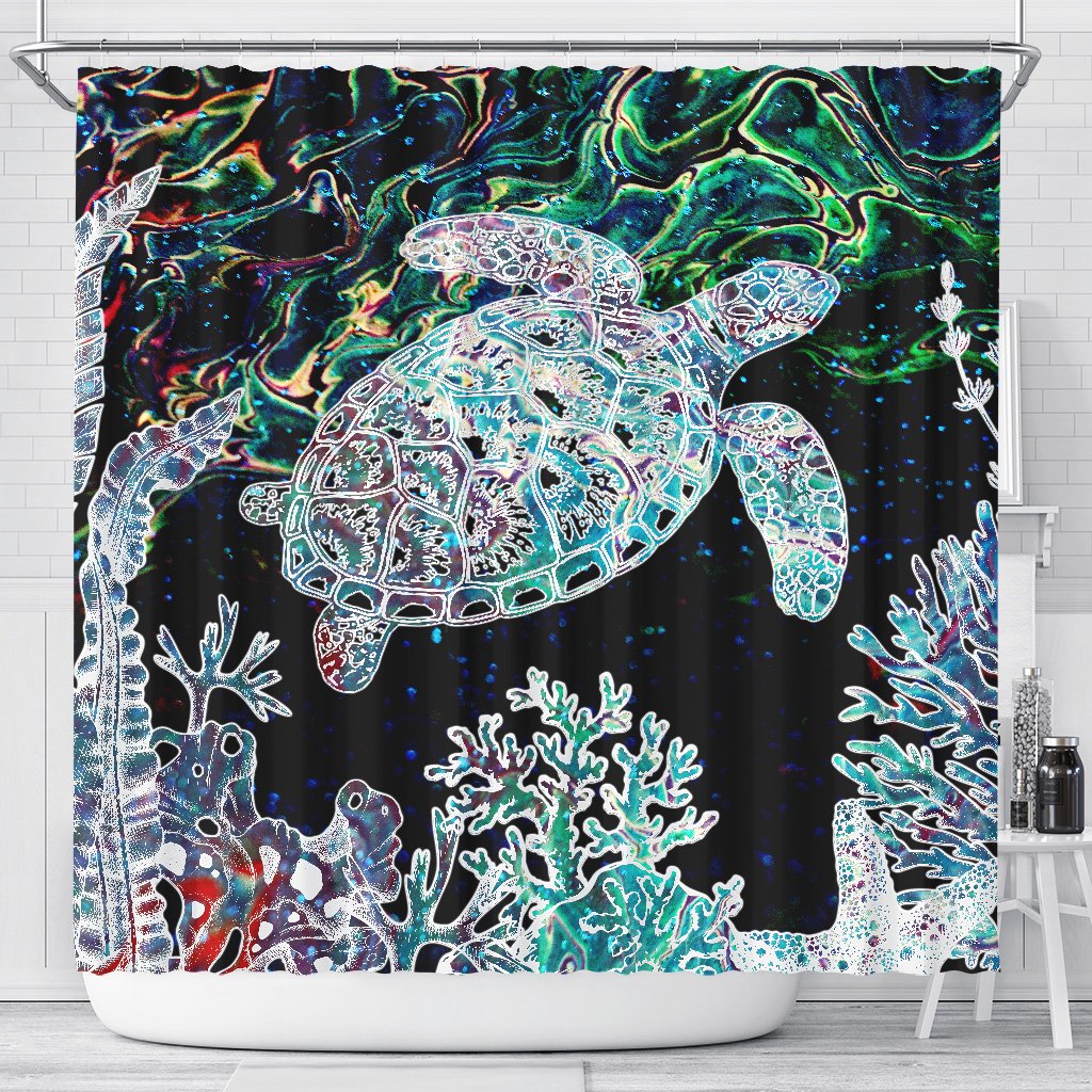 Hawaii Turtle Corals Shell Background Shower Curtain - AH 177 x 172 (cm) Black - Polynesian Pride