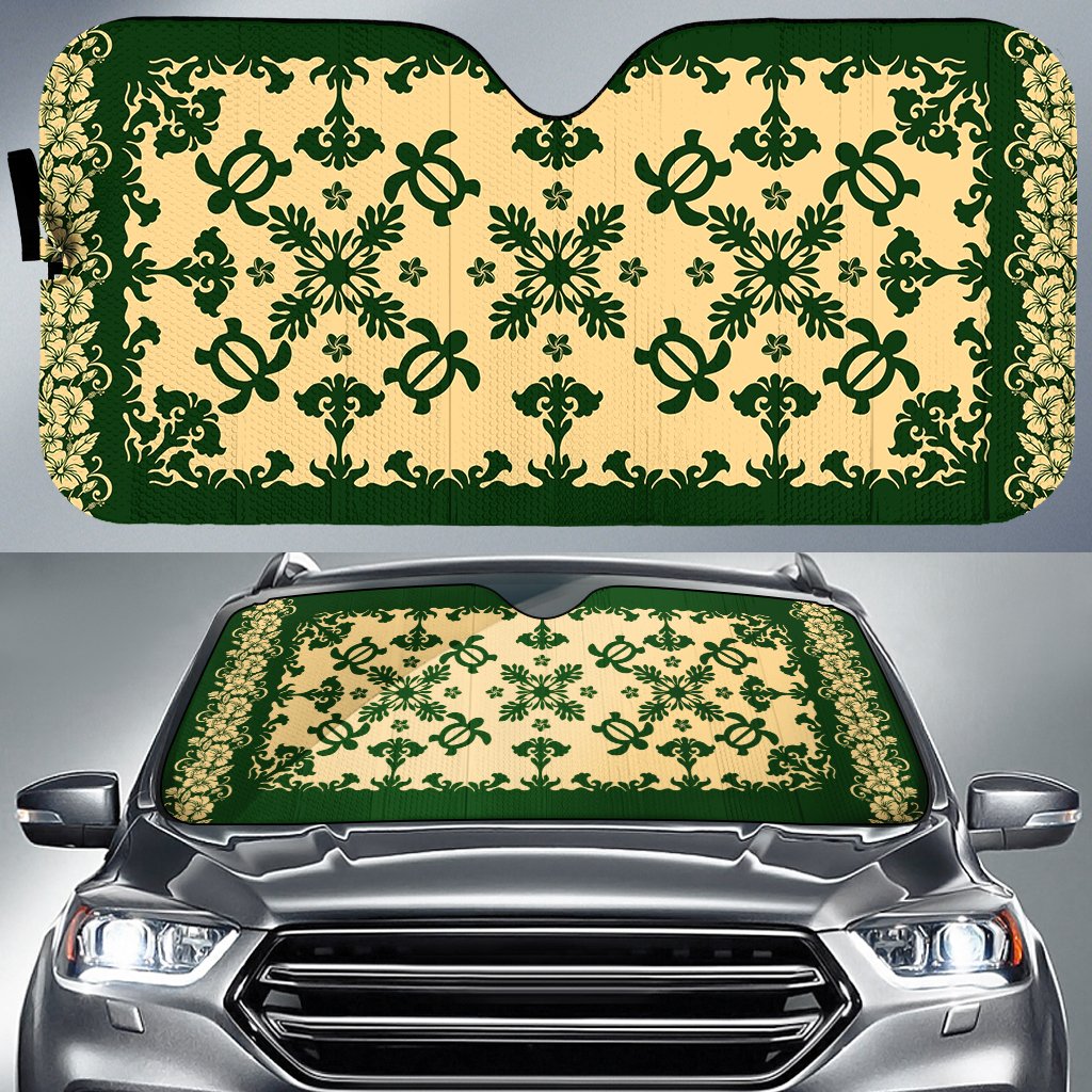 hawaiiAuto Sun Shade - Hawaiian Quilt Turtle Dance Sea Pattern Auto Sun Shade Universal Fit Green - Polynesian Pride