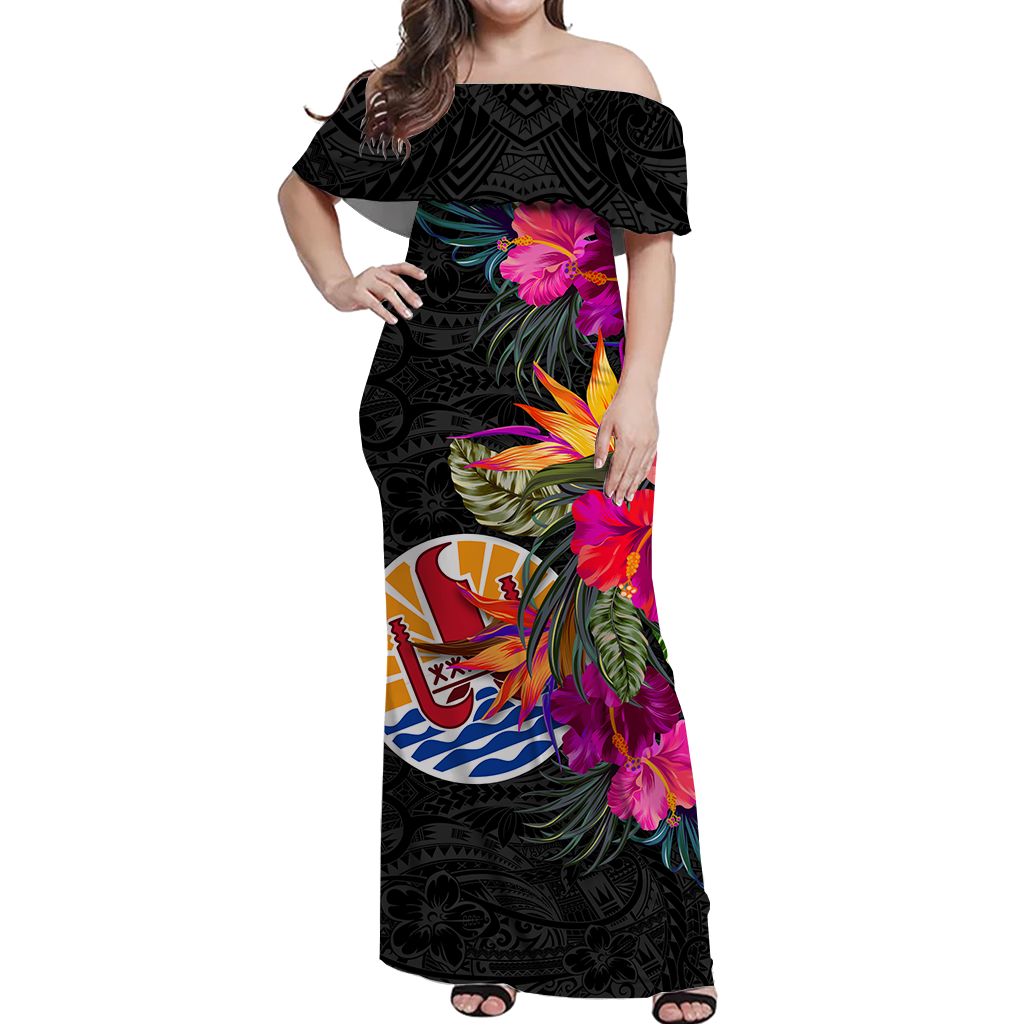 Tahiti Hibiscus Polynesian Tribal Women Off Shoulder Long Dress - LT12 Long Dress Black - Polynesian Pride