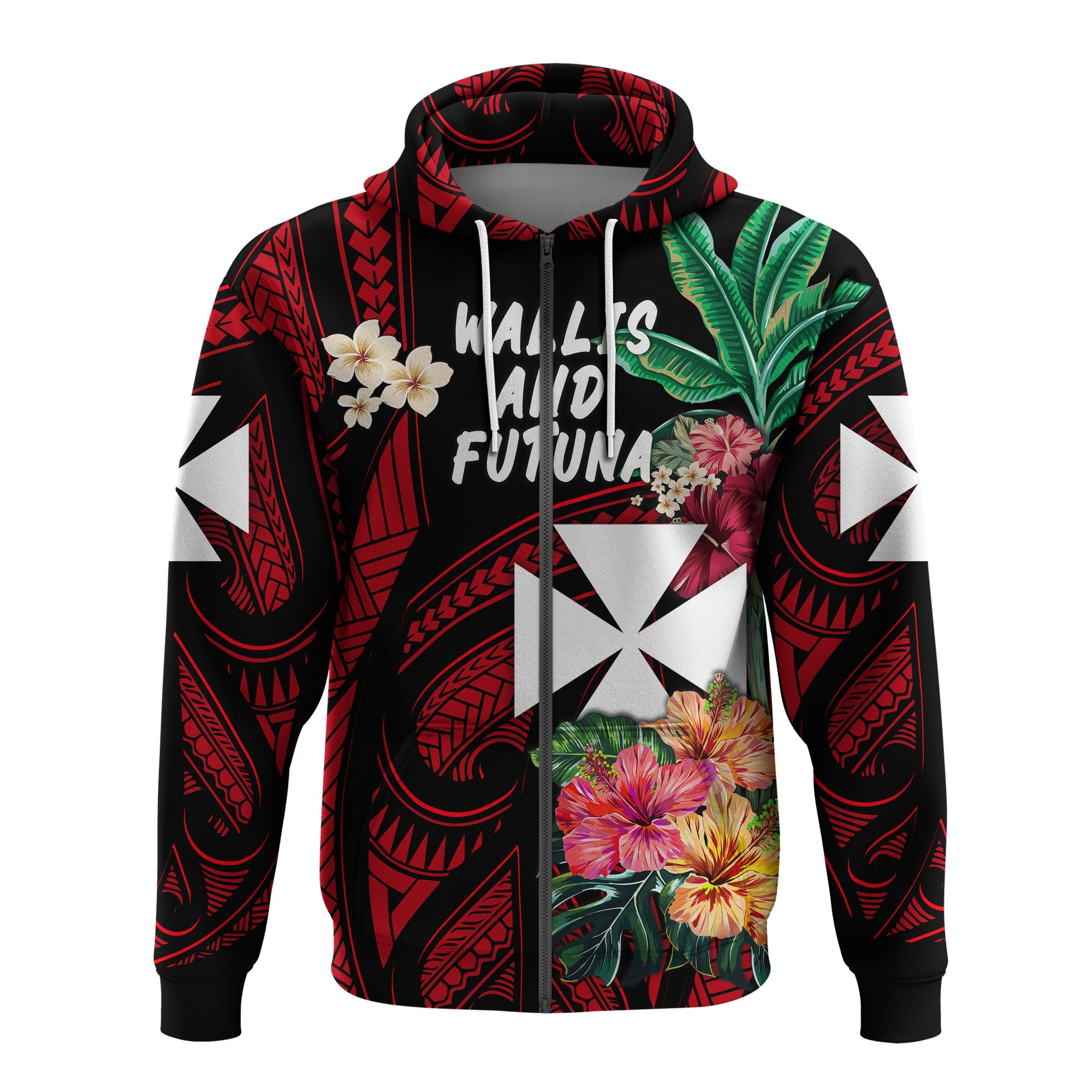 Custom Wallis and Futuna Rugby Hoodie Custom Text and Number (Zip) Unisex Red - Polynesian Pride