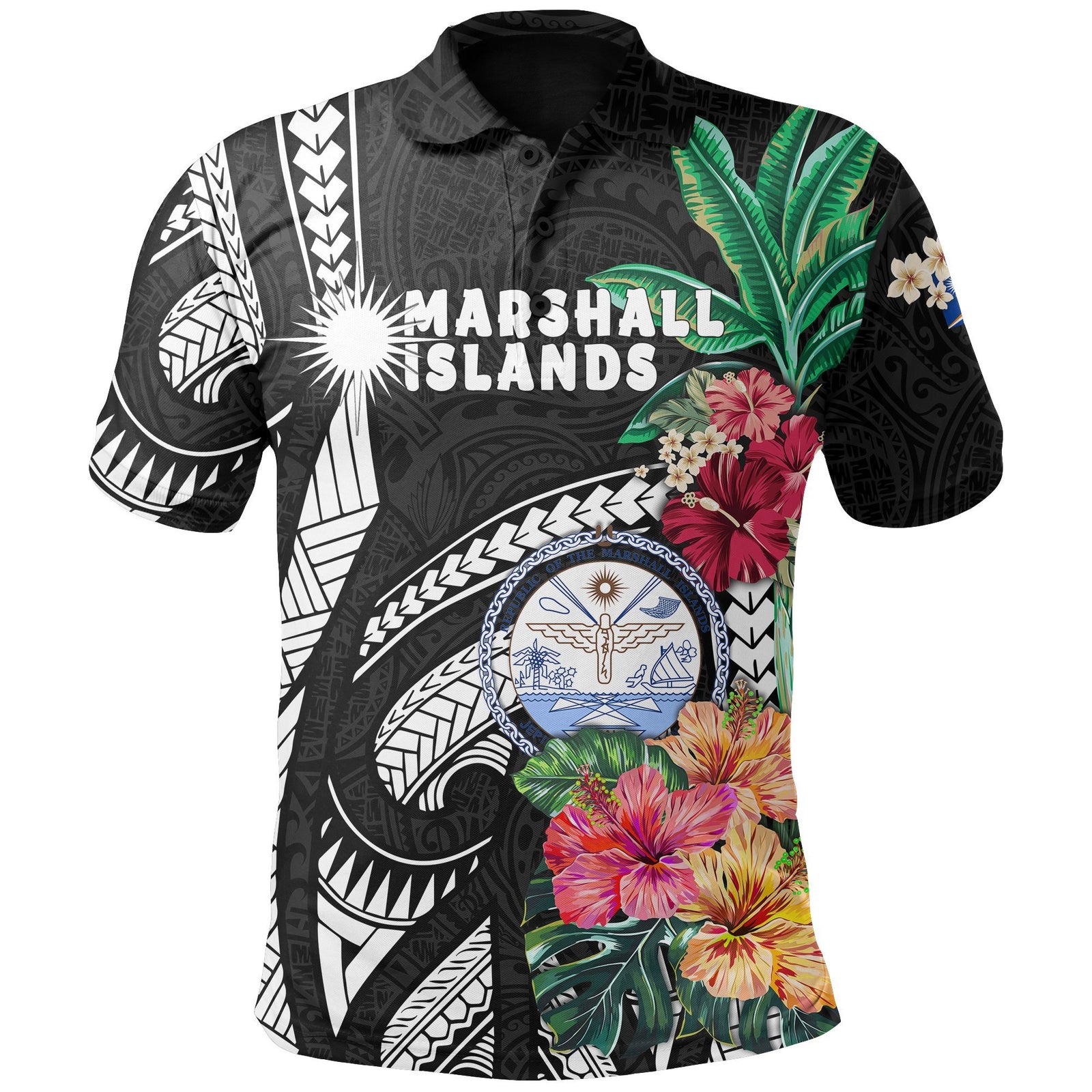 Marshall Islands Polo Shirt Polynesian with Hibiscus Unisex Black - Polynesian Pride