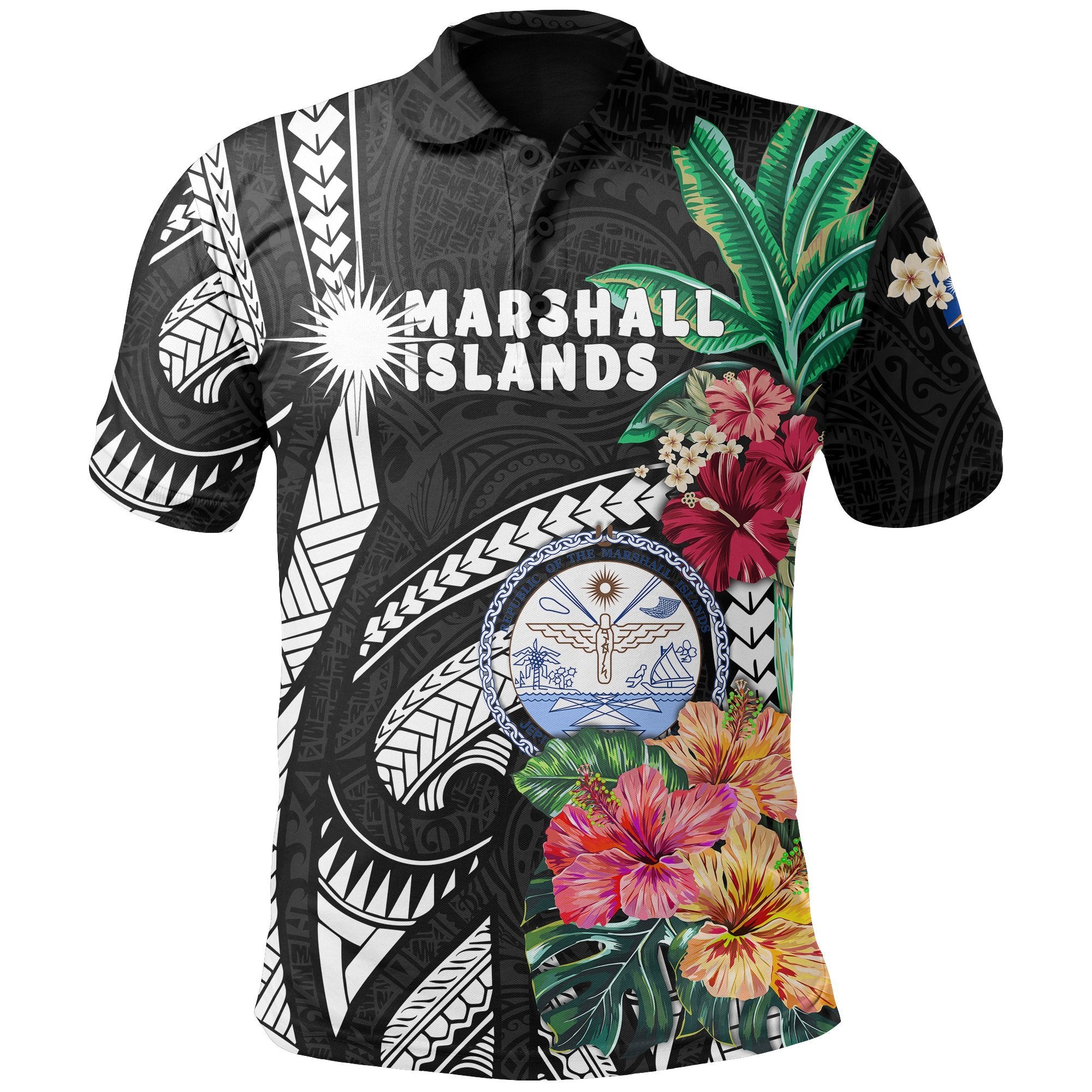 Marshall Islands Polo Shirt Polynesian with Hibiscus Unisex Black - Polynesian Pride