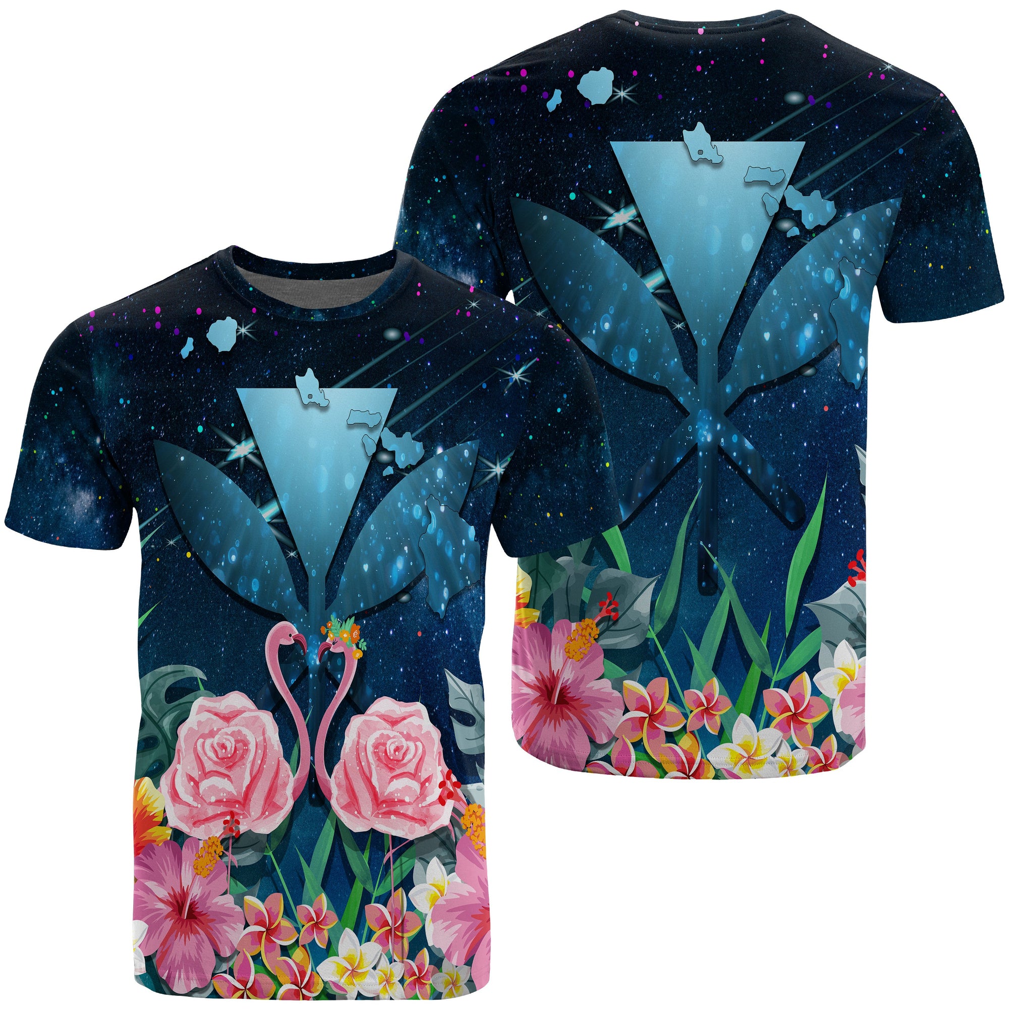 Kanaka Flamingo Couple Rose Hibiscus Plumeria T Shirt Love Universe AH Unisex Galaxy - Polynesian Pride