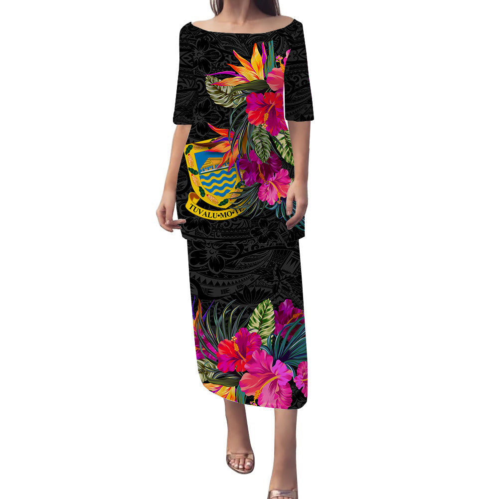 Tuvalu Hibiscus Polynesian Tribal Puletasi Dress - LT12 Long Dress Black - Polynesian Pride