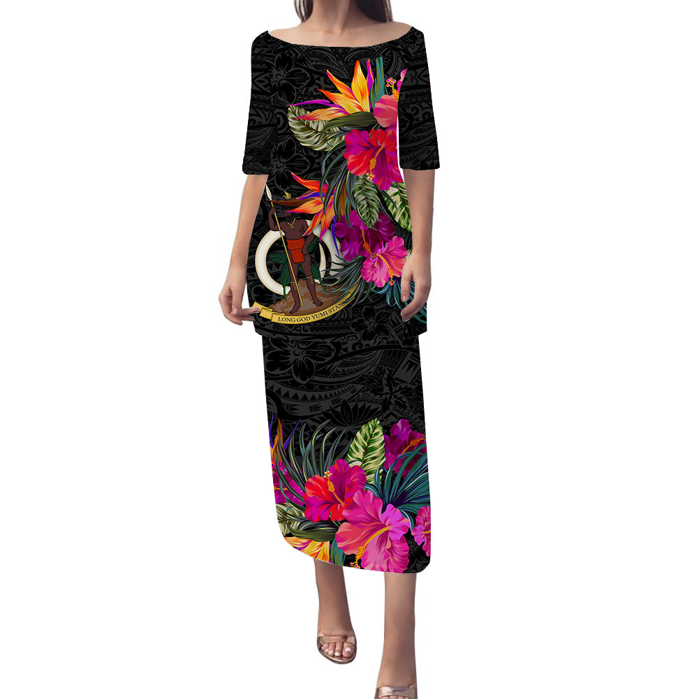 Vanuatu Hibiscus Polynesian Tribal Puletasi Dress - LT12 Long Dress Black - Polynesian Pride