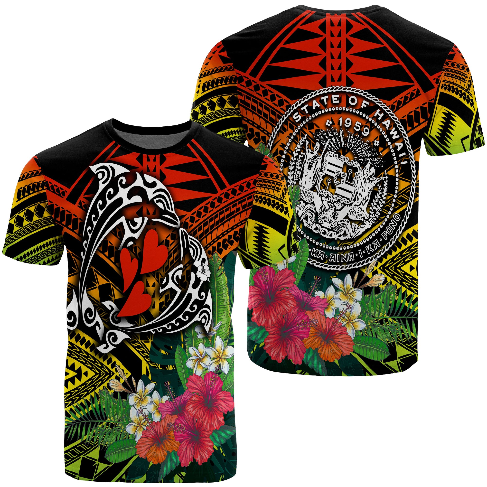 Hawaii Dophin Couple Love Polynesian Flower T Shirt Unisex Black - Polynesian Pride