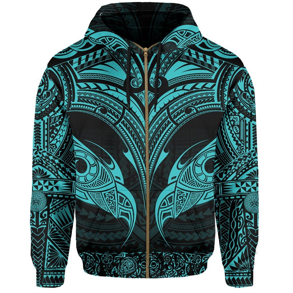 New Zealand Zipper Hoodie The Mana Maori All Over Zip up Hoodie (Blue) Unisex Black - Polynesian Pride