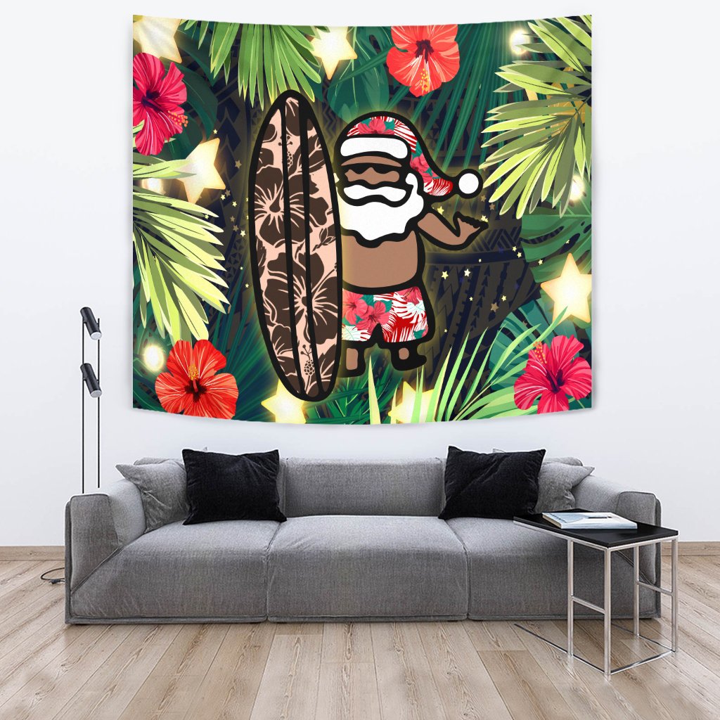 Hawaii Santa Claus Surf Christmas Pattern Tapestry - AH Wall Tapestry Green - Polynesian Pride