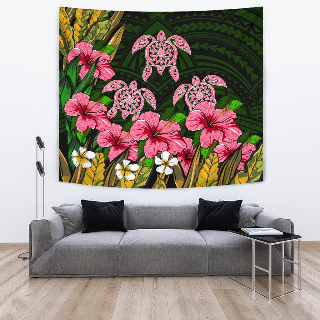 Hawaii Turtle Hibiscus Tropical Polynesian Tapestry - Floren Style - AH Wall Tapestry Black - Polynesian Pride