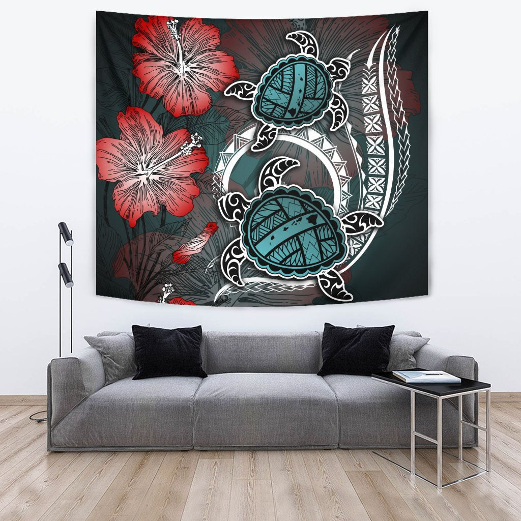 Hawaii Turtle Map Hibiscus Polynesian Tapestry - AH Wall Tapestry Blue - Polynesian Pride