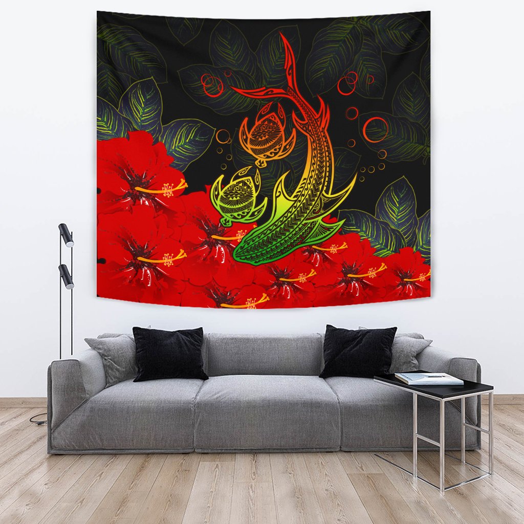 Hawaii Shark Turtle Hibiscus Polynesian Tapestry - Vera Style - AH Wall Tapestry Black - Polynesian Pride