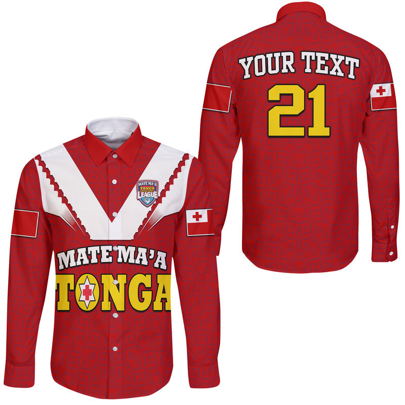 (Custom Personalised) Mate Ma'a Tonga Rugby Hawaii Long Sleeve Button Shirt Tongan Kupesi Red Style LT9 Unisex Red - Polynesian Pride