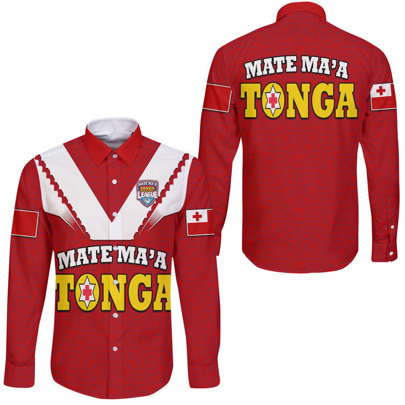 Mate Ma'a Tonga Rugby Hawaii Long Sleeve Button Shirt Tongan Kupesi Red Style LT9 Unisex Red - Polynesian Pride