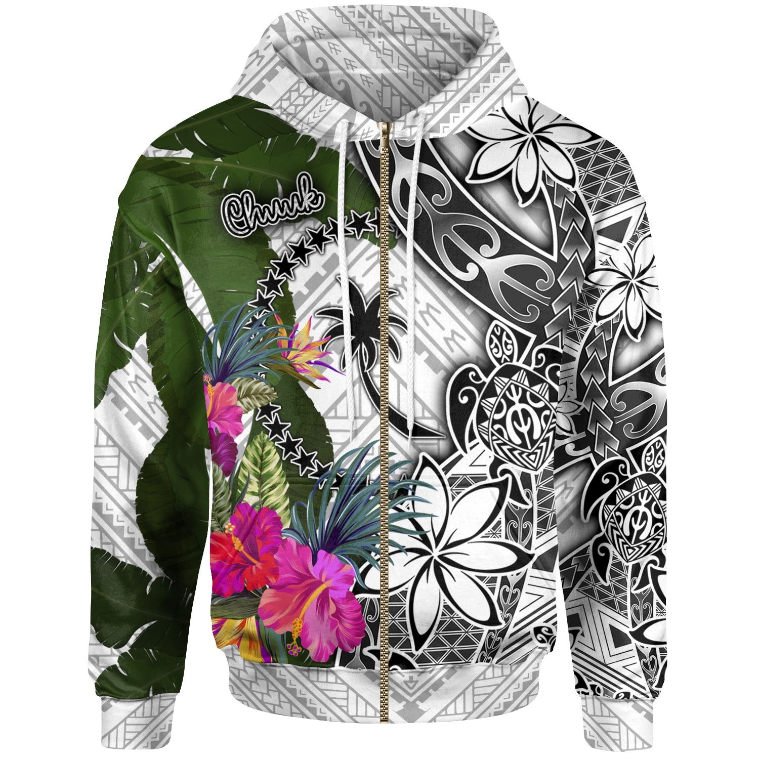 Chuuk Zip up Hoodie White Turtle Plumeria Banana Leaf Unisex White - Polynesian Pride