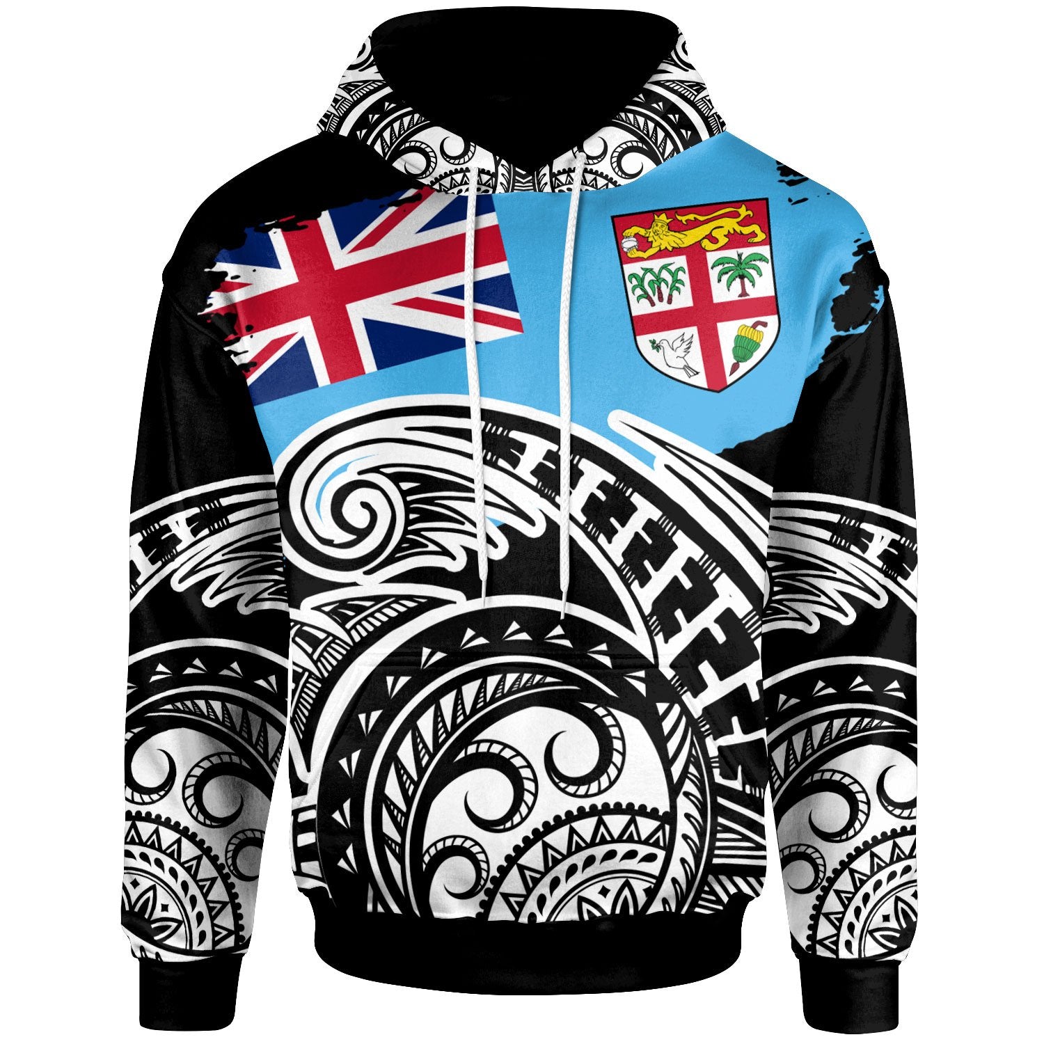 Fiji Hoodie Ethnic Style With Round Black White Pattern Unisex Black - Polynesian Pride