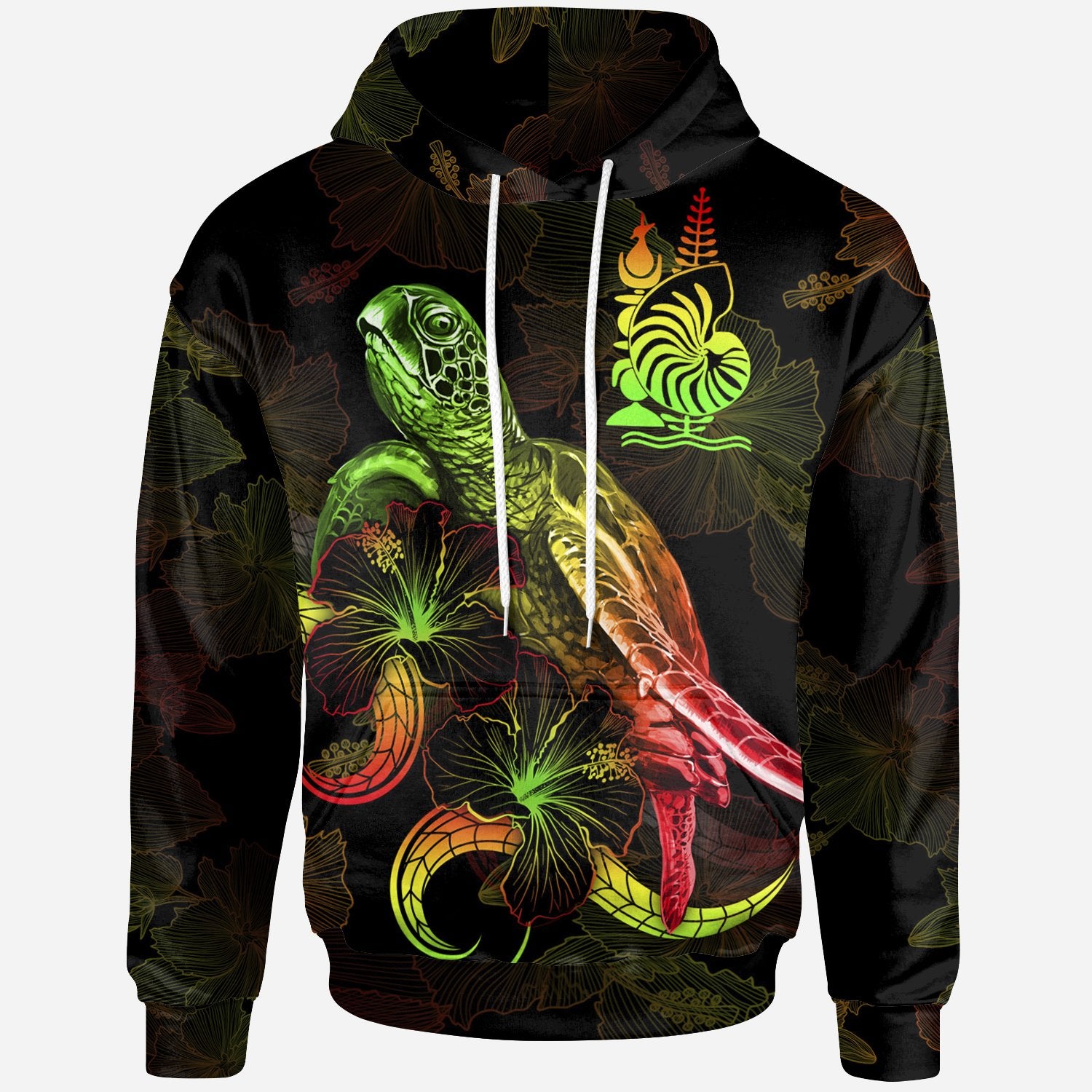 New Caledonia Polynesian Hoodie Turtle With Blooming Hibiscus Reggae Unisex Reggae - Polynesian Pride