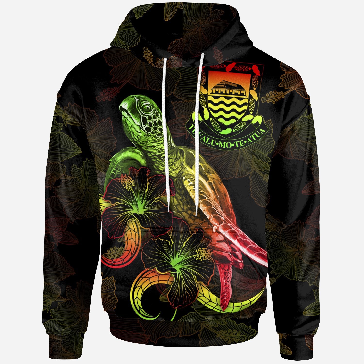 Tuvalu Polynesian Hoodie Turtle With Blooming Hibiscus Reggae Unisex Reggae - Polynesian Pride