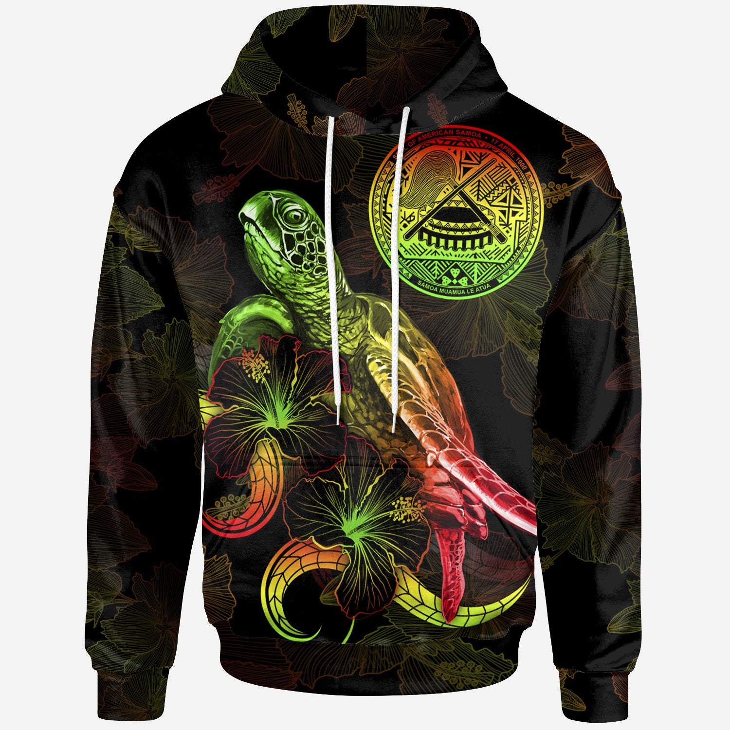 American Samoa Polynesian Hoodie Turtle With Blooming Hibiscus Reggae Unisex Reggae - Polynesian Pride