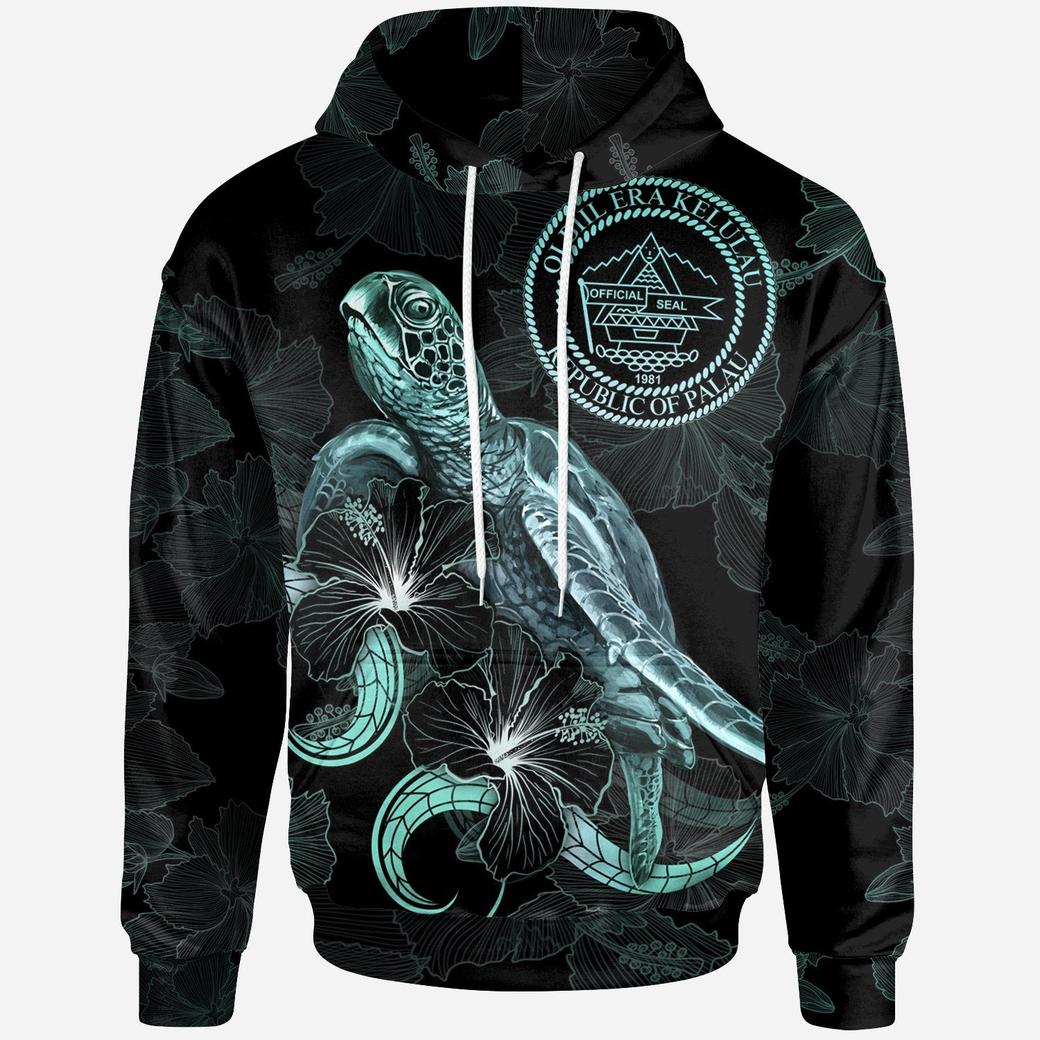 Palau Polynesian Hoodie Turtle With Blooming Hibiscus Turquoise Unisex Turquoise - Polynesian Pride