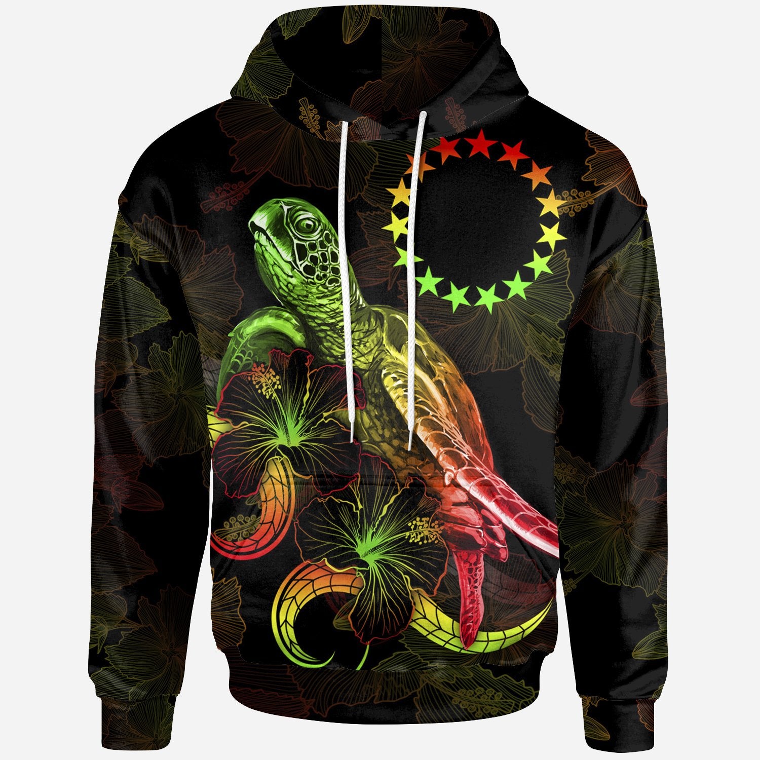 Cook Islands Polynesian Hoodie Turtle With Blooming Hibiscus Reggae Unisex Reggae - Polynesian Pride