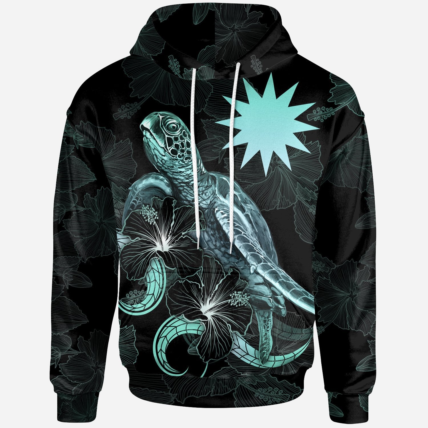 Nauru Polynesian Hoodie Turtle With Blooming Hibiscus Turquoise Unisex Turquoise - Polynesian Pride