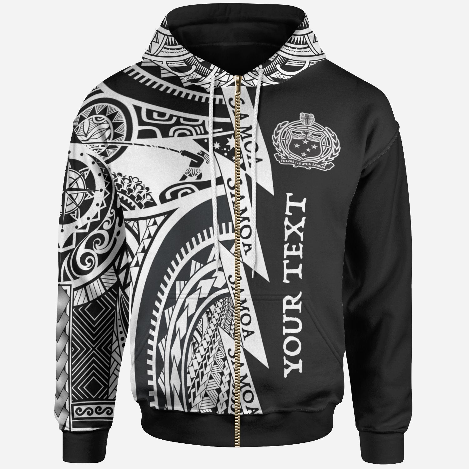 Custom Samoa Zip up Hoodie Samoa Coat of Arms White Tattoo Style Unisex White - Polynesian Pride