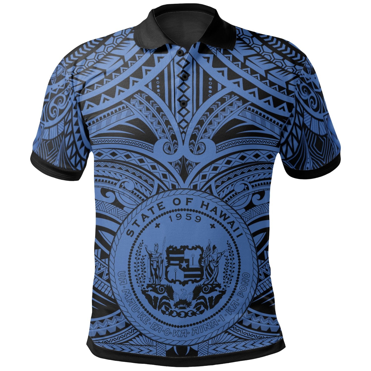 Polynesian Hawaii Polo Hawaii Coat Of Arm and Polynesian Patterns Unisex Blue - Polynesian Pride