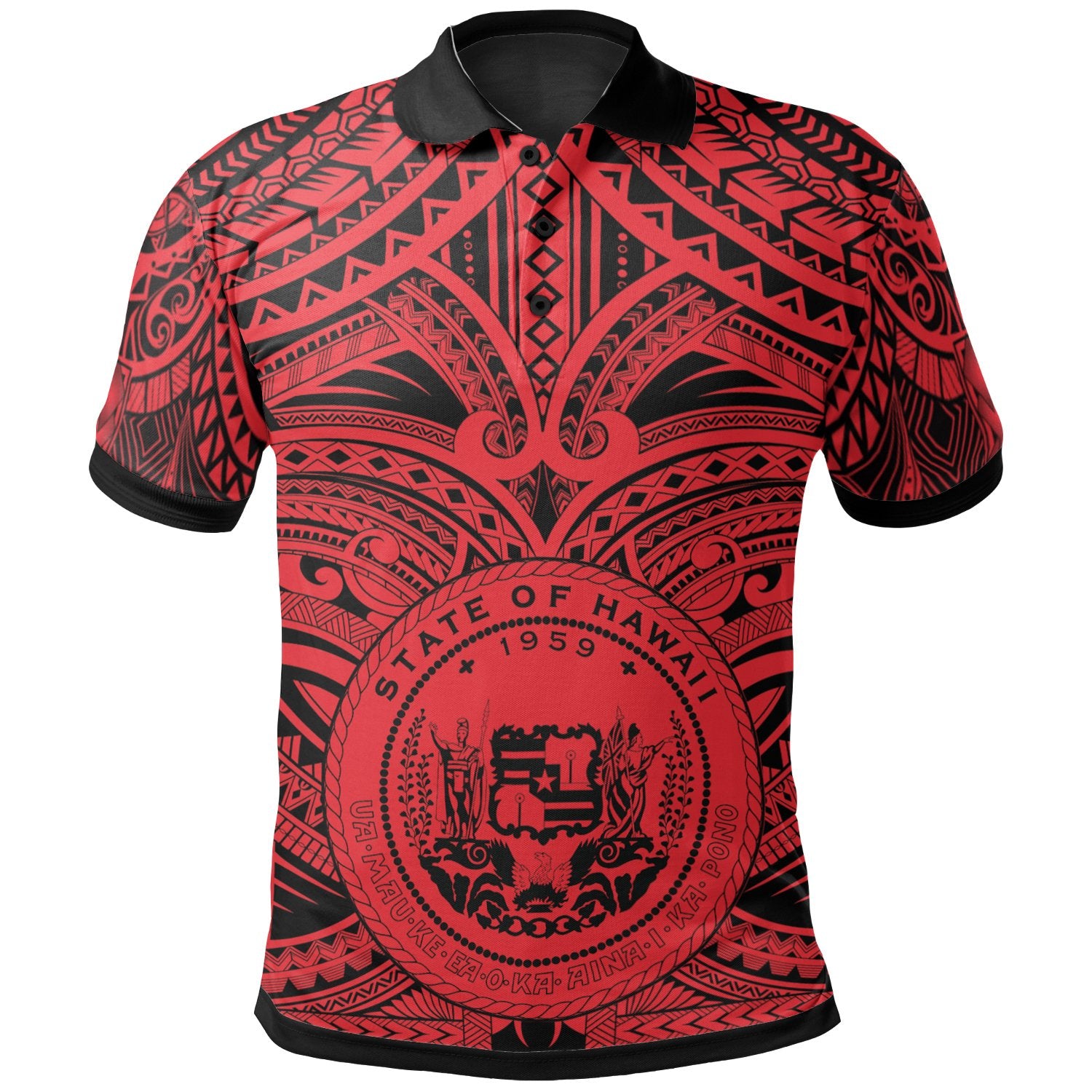 Polynesian Hawaii Polo Hawaii Coat Of Arm and Polynesian Patterns Unisex Red - Polynesian Pride